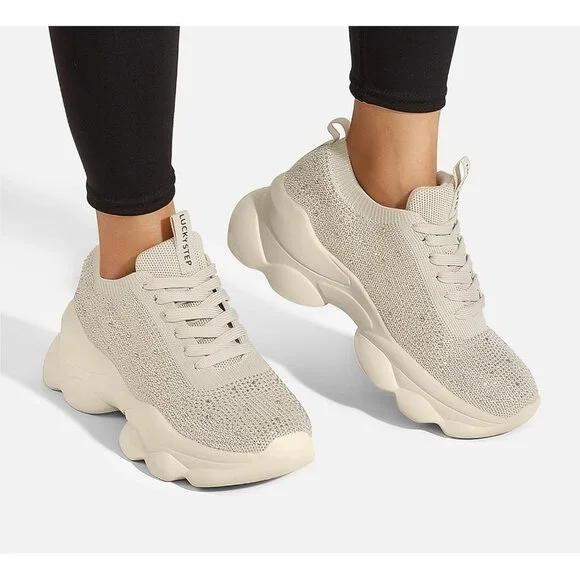 Lucky Step Women's Beige Rhinestone Sneaker Chunky Sparkly Bling Mesh Slip on - Picture 9 of 9